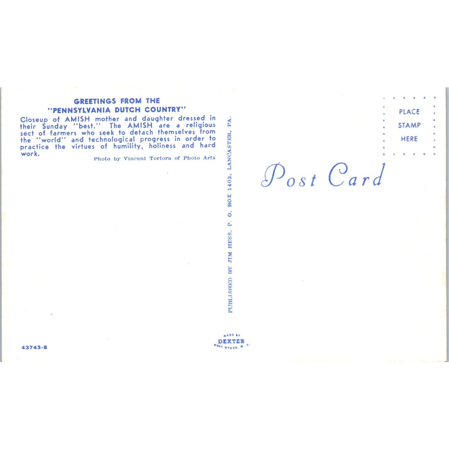 Amish Mother & Daughter Sunday Garb Pennsylvania Dutch Country Postcard PD7