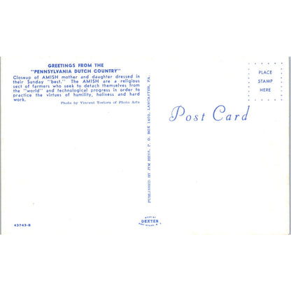 Amish Mother & Daughter Sunday Garb Pennsylvania Dutch Country Postcard PD7