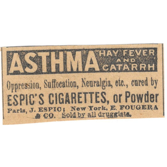 Espic's Cigarettes For Asthma Hay Fever Catarrh St Paul 1898 Newspaper Ad AF2-S7