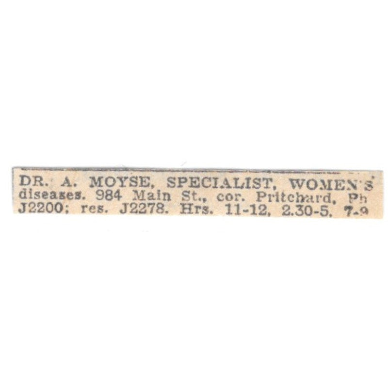 Dr A Moyse Specialist Women's Diseases Pritchard Winnipeg 1920 Ad AG2-S12