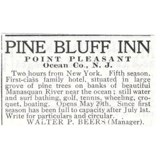 Pine Bluff Inn Point Pleasant NJ Walter P. Beers c1918 Advertisement AE5-SV2