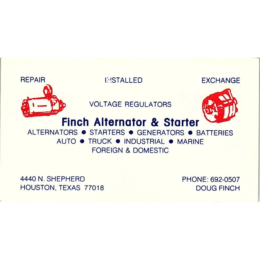 Doug Finch Alternator & Starter Houston Vintage Business Card SC9-B3