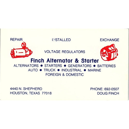 Doug Finch Alternator & Starter Houston Vintage Business Card SC9-B3