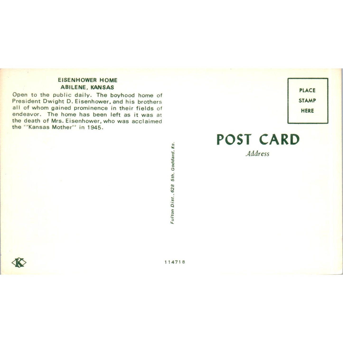 President Dwight Eisenhower Home Abilene Kansas Vintage Postcard PC12