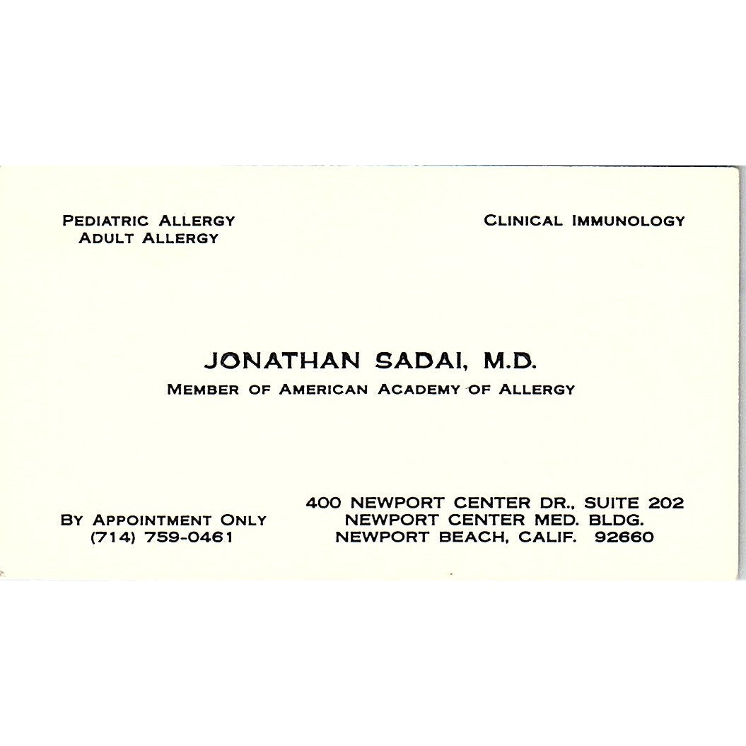 Pediatric Allergy Adult Allerdy Jonathan Sadai CA Vintage Business Card SF3-B7