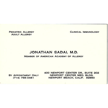 Pediatric Allergy Adult Allerdy Jonathan Sadai CA Vintage Business Card SF3-B7