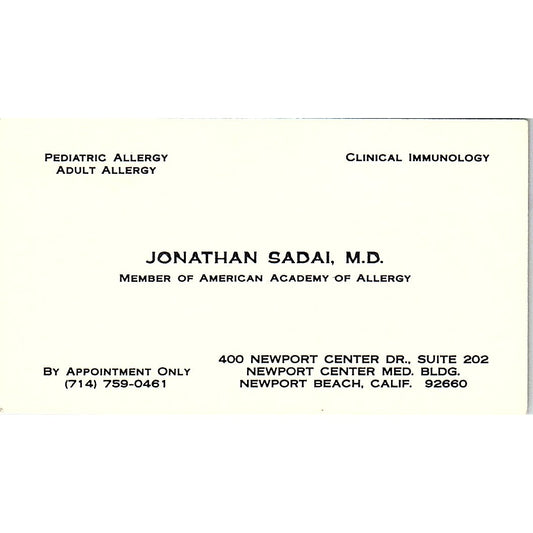 Pediatric Allergy Adult Allerdy Jonathan Sadai CA Vintage Business Card SF3-B7