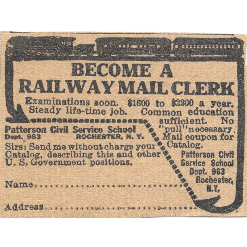 Become Railway Mail Clerk Patterson Civil Service School 1923 Magazine Ad AE1-8