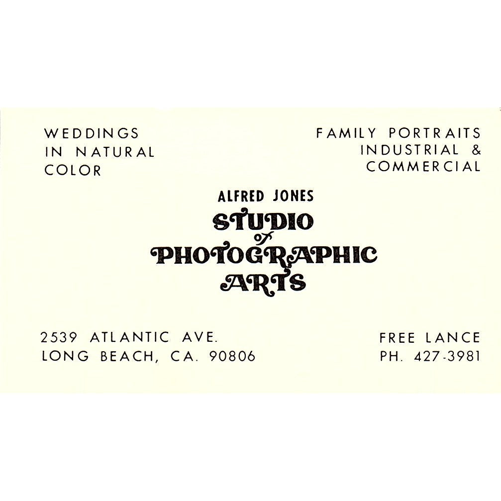 Alfred Jones Studio Photographic Arts Long Beach CA Vintage Business Card SB4-B2