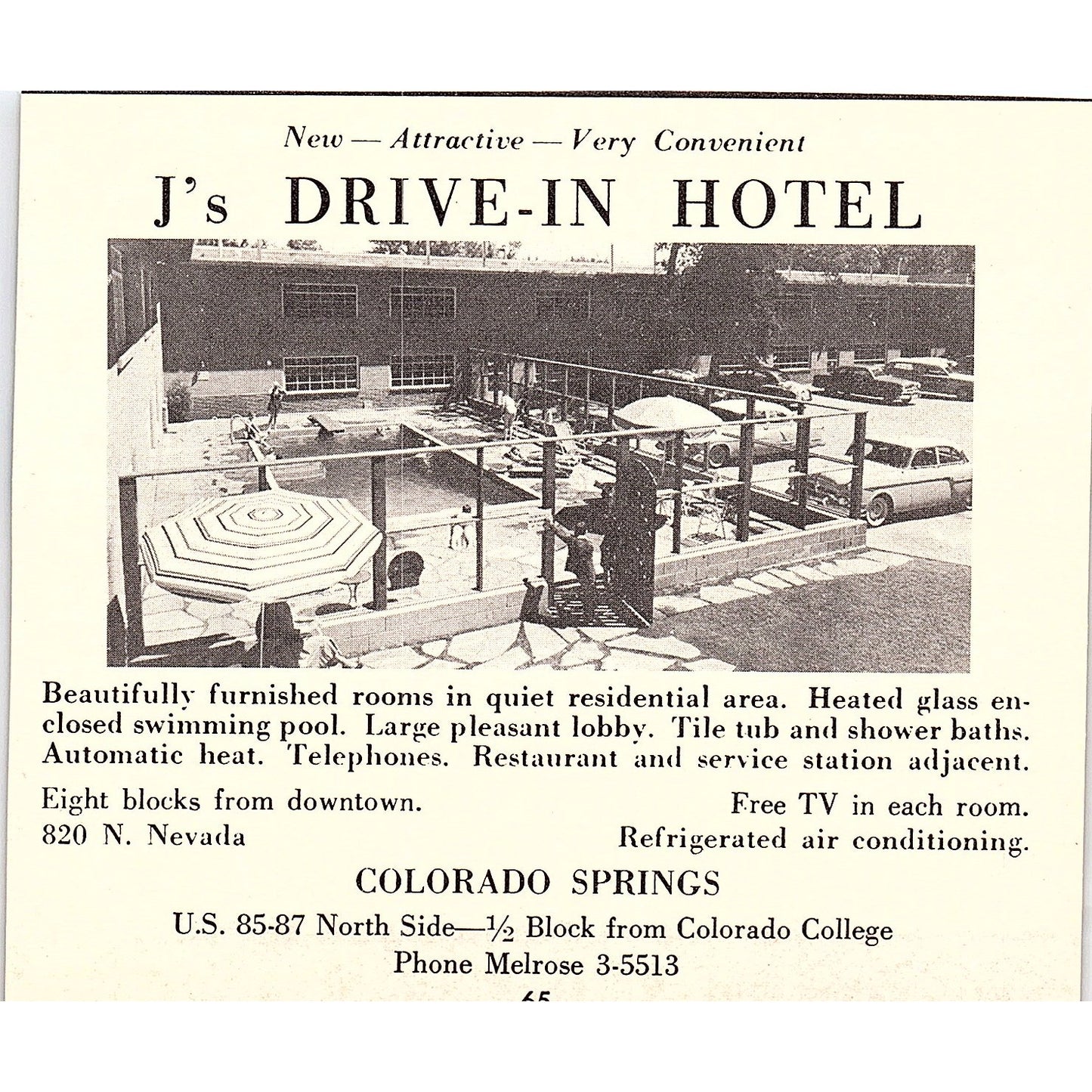J's Drive-In Hotel, Ranch Antel Colorado Springs CO 1958 Ad AG1-H2
