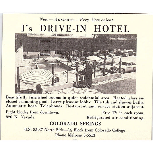 J's Drive-In Hotel, Ranch Antel Colorado Springs CO 1958 Ad AG1-H2