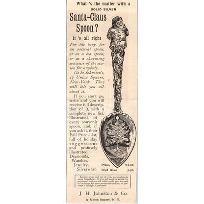 J.H. Johnson & Co Santa Claus Spoon Union Square NY 1892 Magazine Ad AB6-SL1