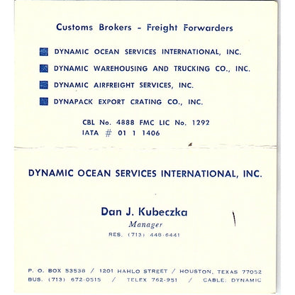 The Dynamic Group Dan J Kubeczka Houston Vintage Business Card SC9-B2