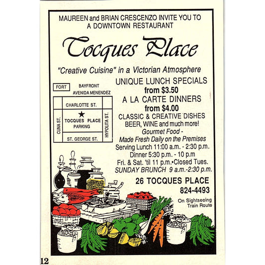 Tocques Place Restaurant Creative Cuisine St. Augustine FL 1989 Ad AF9-13