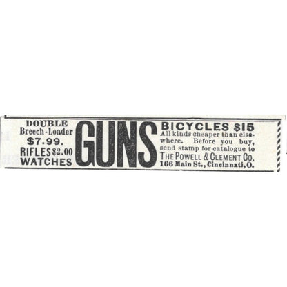 The Powell & Clement Co Guns, Bicycles, Watches Cincinnati OH 1892 Ad AG2-S25
