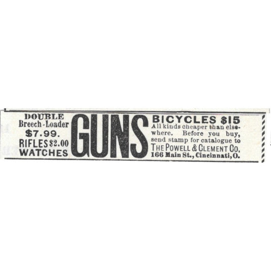 The Powell & Clement Co Guns, Bicycles, Watches Cincinnati OH 1892 Ad AG2-S25