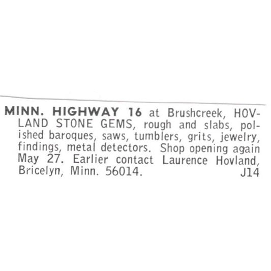 Hovland Stone Gems Bricelyn Minnesota 1972 Ad AF8-S14