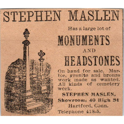 Stephen Maslen Monuments Headstones Hartford 1901 Newspaper Ad AD8-HS3