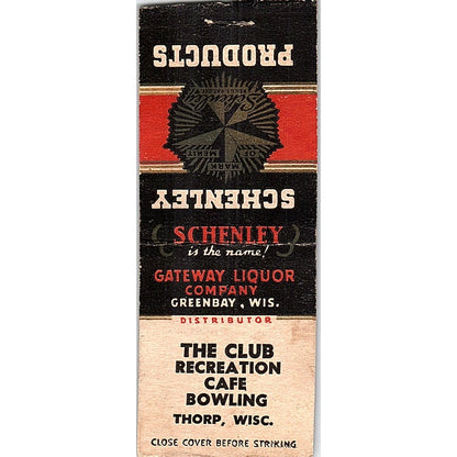 The Club Recreation Cafe Bowling Schenley Thorp WI Vtg Matchbook Cover SF3-Y1