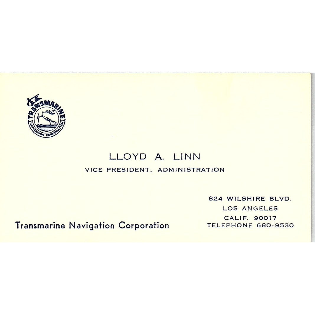 Lloyd A Linn Transmarine Navigation Corp Los Angeles Vtg Business Card SD9-B9