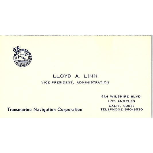 Lloyd A Linn Transmarine Navigation Corp Los Angeles Vtg Business Card SD9-B9