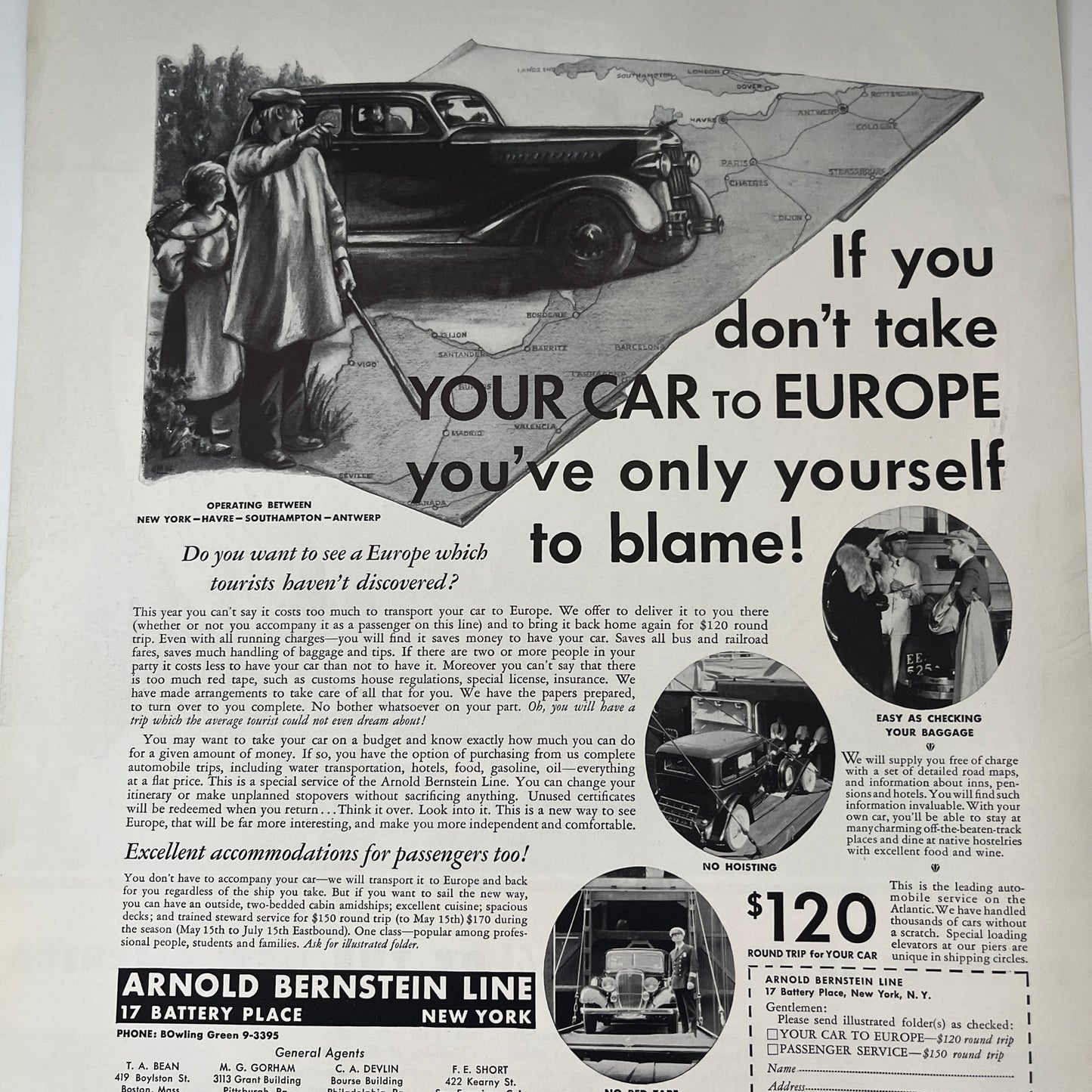 Arnold Bernstein Line Take Your Car to Europe T.A. Bean M.G. Gorham 1935 Ad V1-5