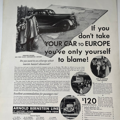 Arnold Bernstein Line Take Your Car to Europe T.A. Bean M.G. Gorham 1935 Ad V1-5