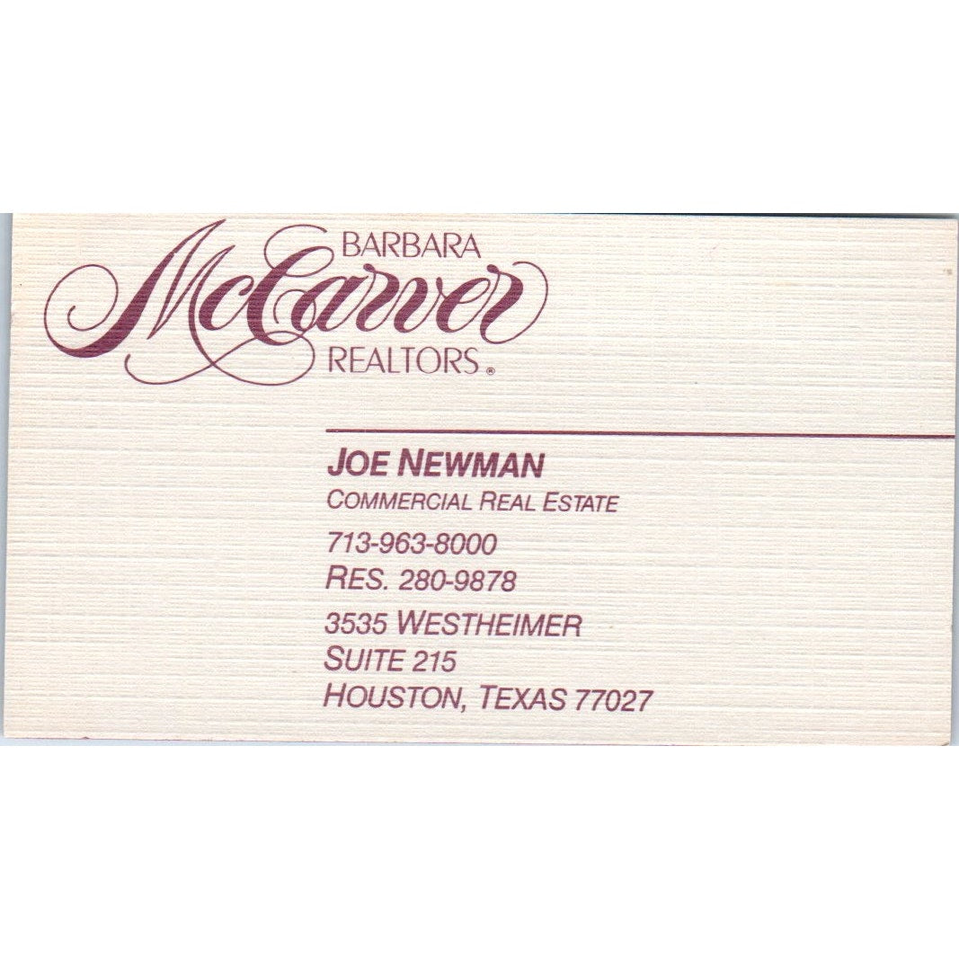 Joe Newman Barbara McCarver Realtors Houston TX Vintage Business Card SD8-B2