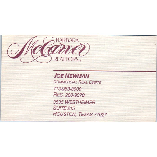 Joe Newman Barbara McCarver Realtors Houston TX Vintage Business Card SD8-B2