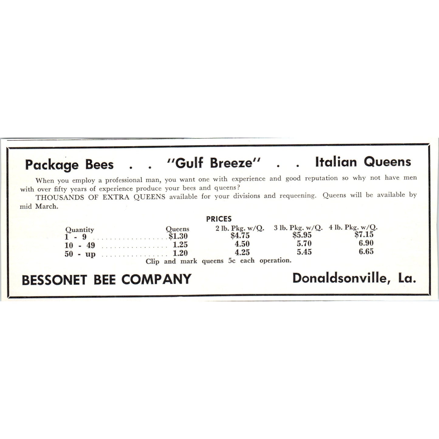 Italian Queens Bessonet Bee Company Donaldsonville LA 1961 Magazine Ad AB6-LB