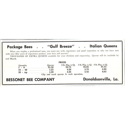 Italian Queens Bessonet Bee Company Donaldsonville LA 1961 Magazine Ad AB6-LB