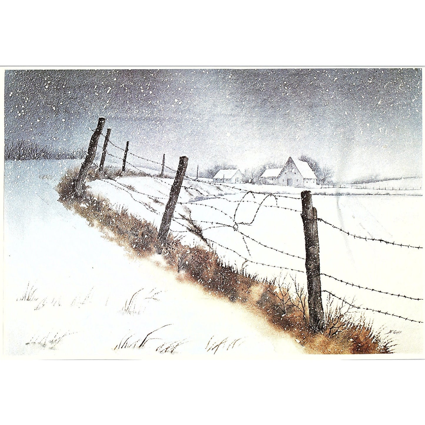 Retro Kitsch Winter Barbwire Fence Farmhouse Scene Vintage Art Print 7x9.5 V4