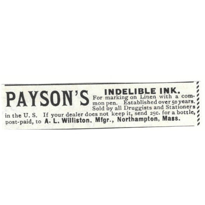 Payson's Indelible Ink A.L. Williston Northampton MA c1890 Victorian Ad AE9-CH4