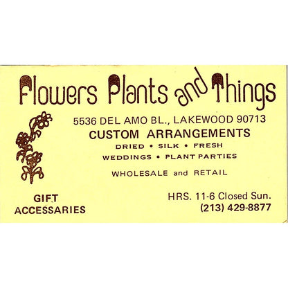 Flowers, Plants and Things, Wholesales and Retail, Lakewood Business Card Sf3-B8