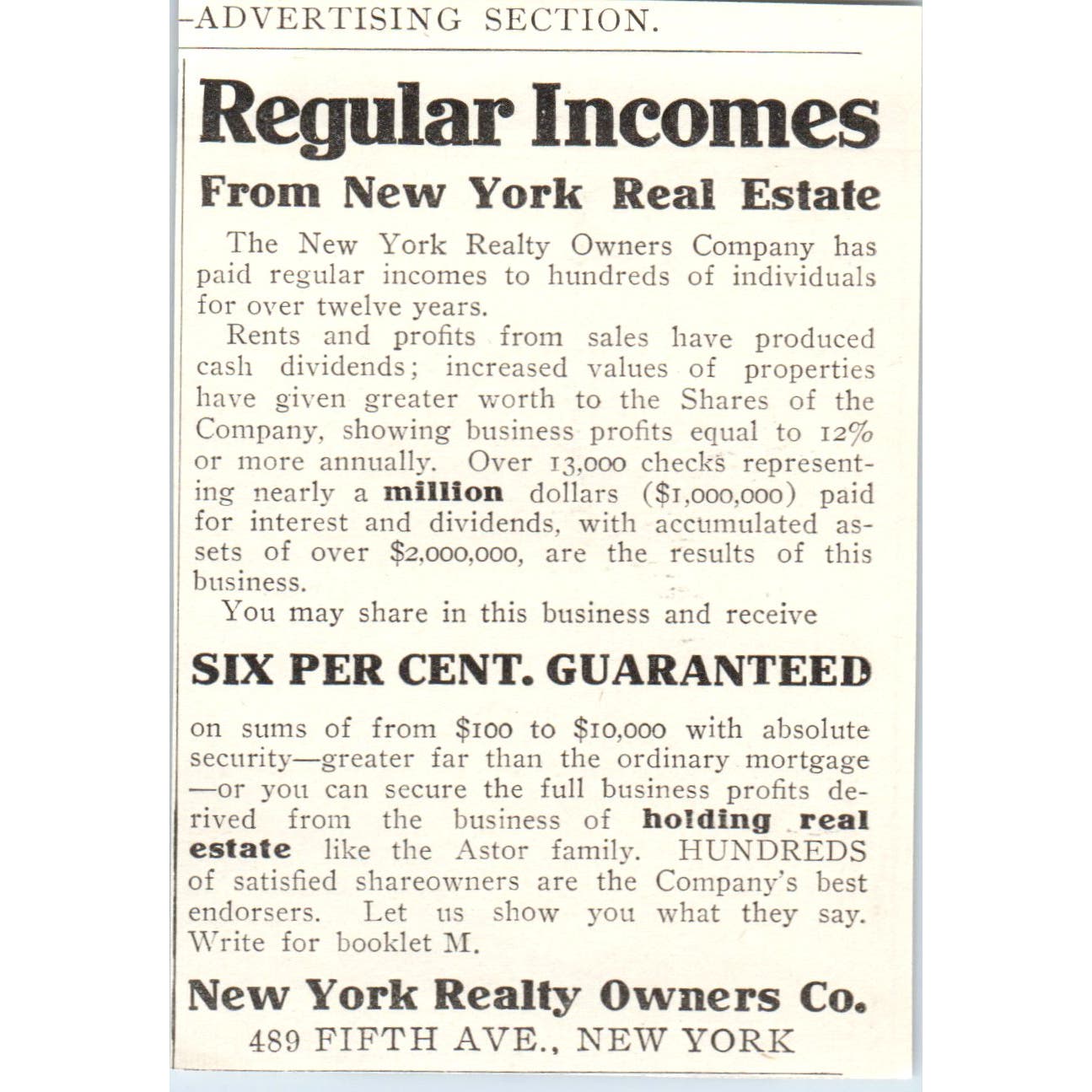 New York Realty Owner's Co. Real Estate c1905 Original Advertisement AE7-A1