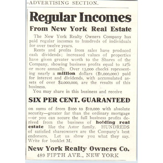 New York Realty Owner's Co. Real Estate c1905 Original Advertisement AE7-A1