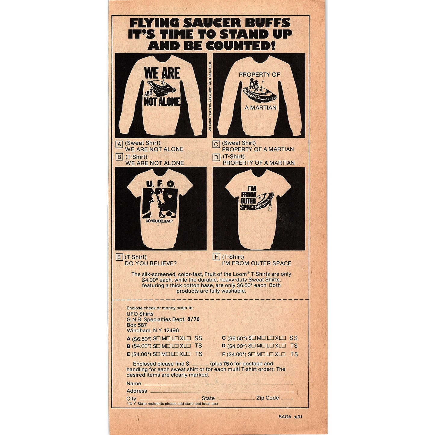 UFO and Flying Saucer Shirts - UFO Shirts Windham NY 1976 Ad AG1-17