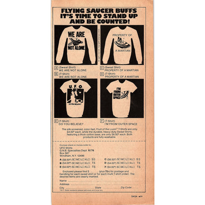 UFO and Flying Saucer Shirts - UFO Shirts Windham NY 1976 Ad AG1-17