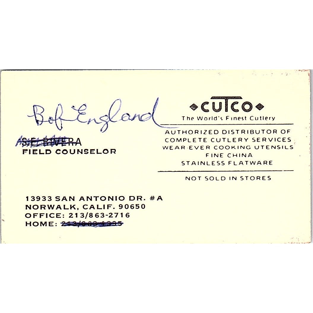 Bob England Cutco Norwalk CA Vintage Business Card SD9-B10