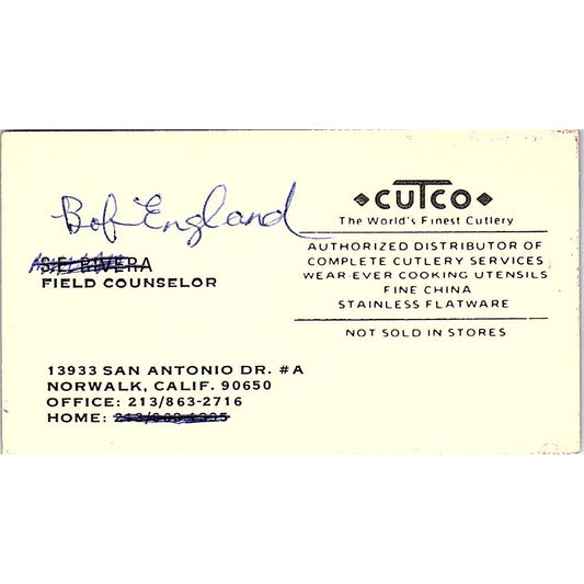Bob England Cutco Norwalk CA Vintage Business Card SD9-B10