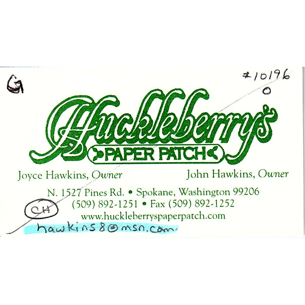 Huckleberry's Paper Patch Joyce & John Hawkins Spokane WA Business Card SC9-B11