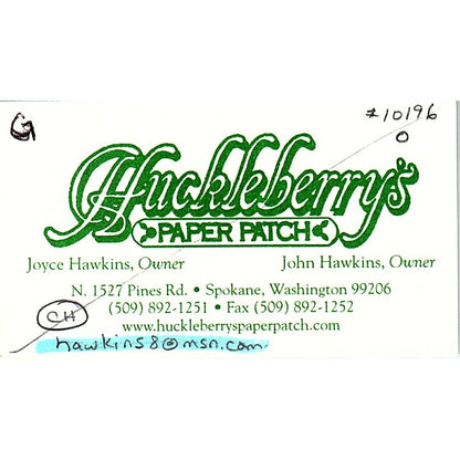 Huckleberry's Paper Patch Joyce & John Hawkins Spokane WA Business Card SC9-B11