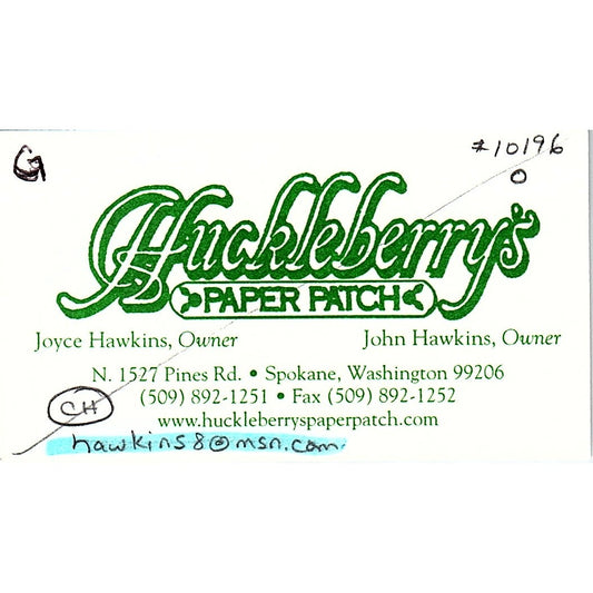 Huckleberry's Paper Patch Joyce & John Hawkins Spokane WA Business Card SC9-B11