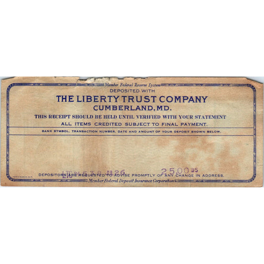 1920s Deposit Slip The Liberty Trust Company Cumberland MD AF1-RR4