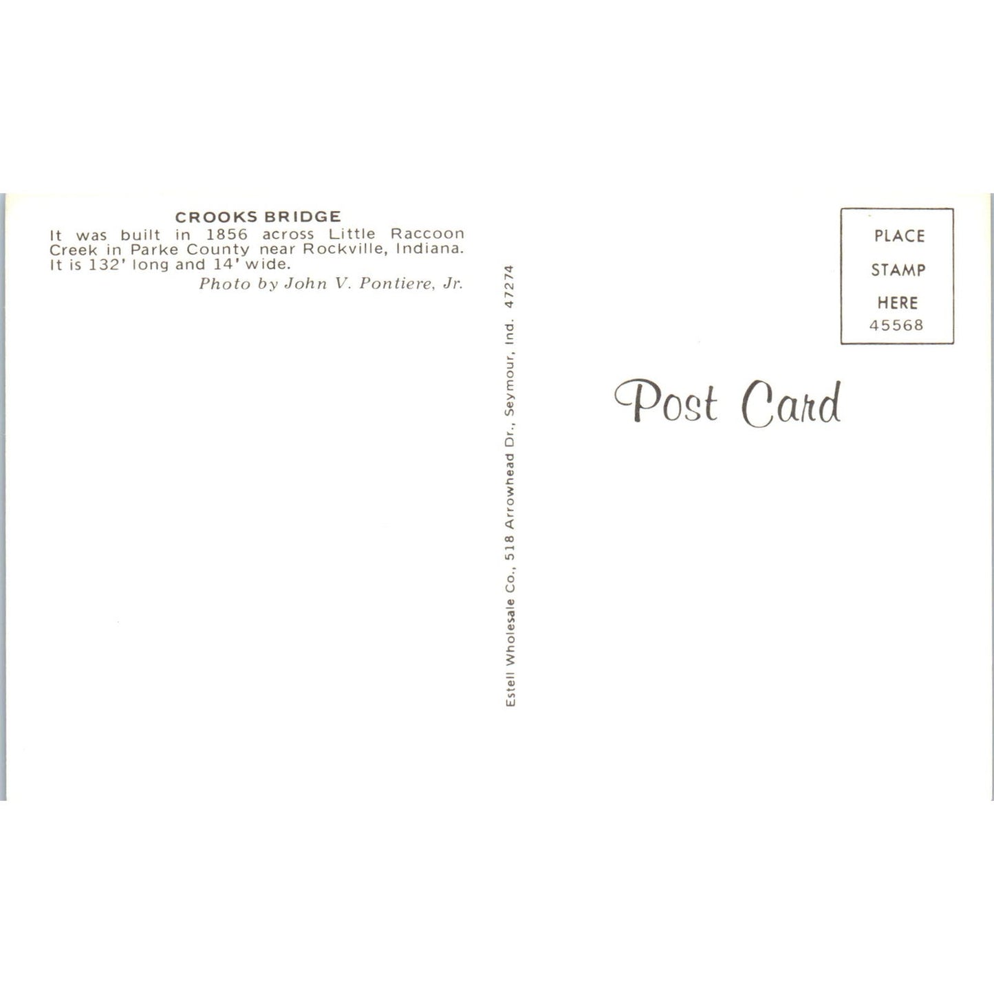 Crooks Bridge Little Raccoon Creek Rockville IN Vtg Covered Bridge Postcard PD6