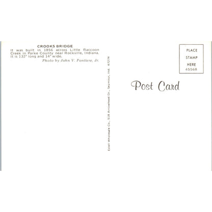 Crooks Bridge Little Raccoon Creek Rockville IN Vtg Covered Bridge Postcard PD6