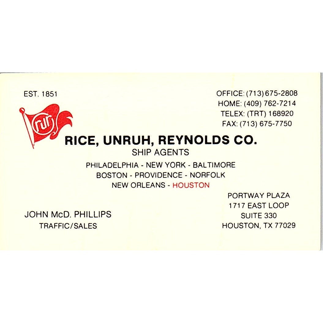 John McD Phillips Rice, Unruh, Reynolds & Co Houston Vtg Business Card SD9-B13