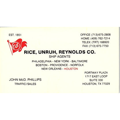 John McD Phillips Rice, Unruh, Reynolds & Co Houston Vtg Business Card SD9-B13