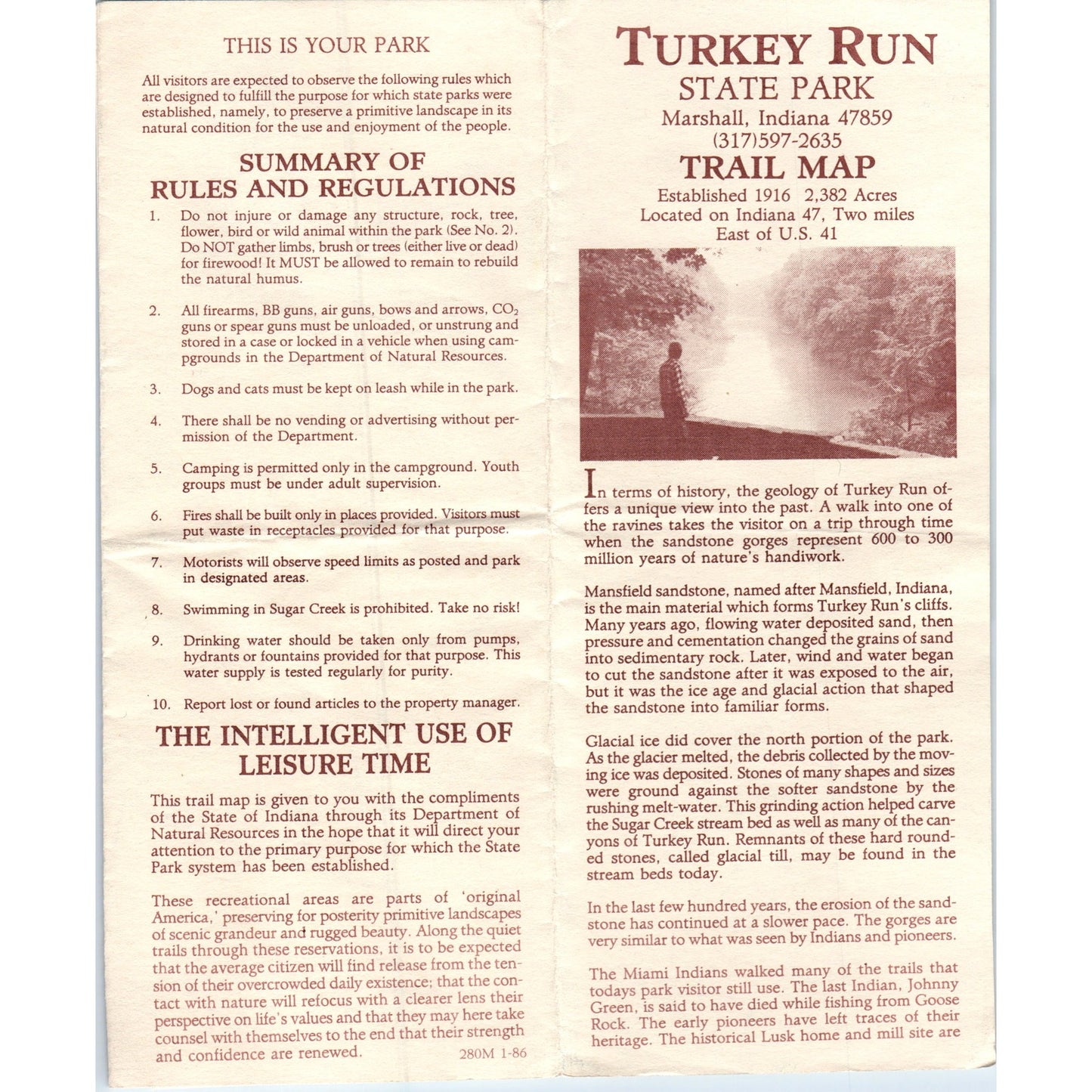 Vintage Turkey Run State Park Marshall IN Map & Fold Out Travel Brochure TF4-B1