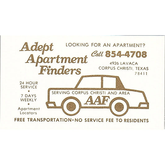 Adept Apartment Finders Corpus Christi TX Vintage Business Card SE3-B15